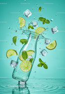 Refreshing lime and mint splash with ice cubes