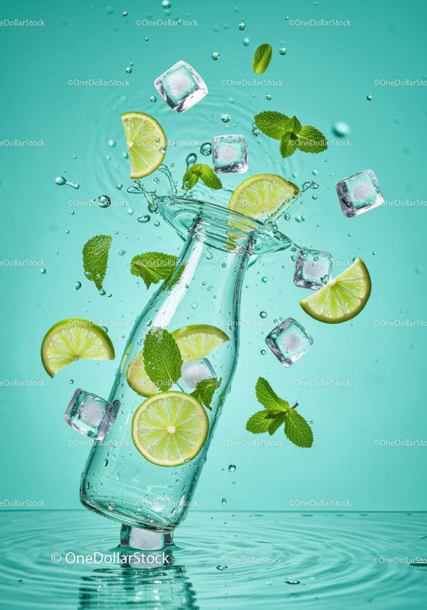 Refreshing lime and mint splash with ice cubes