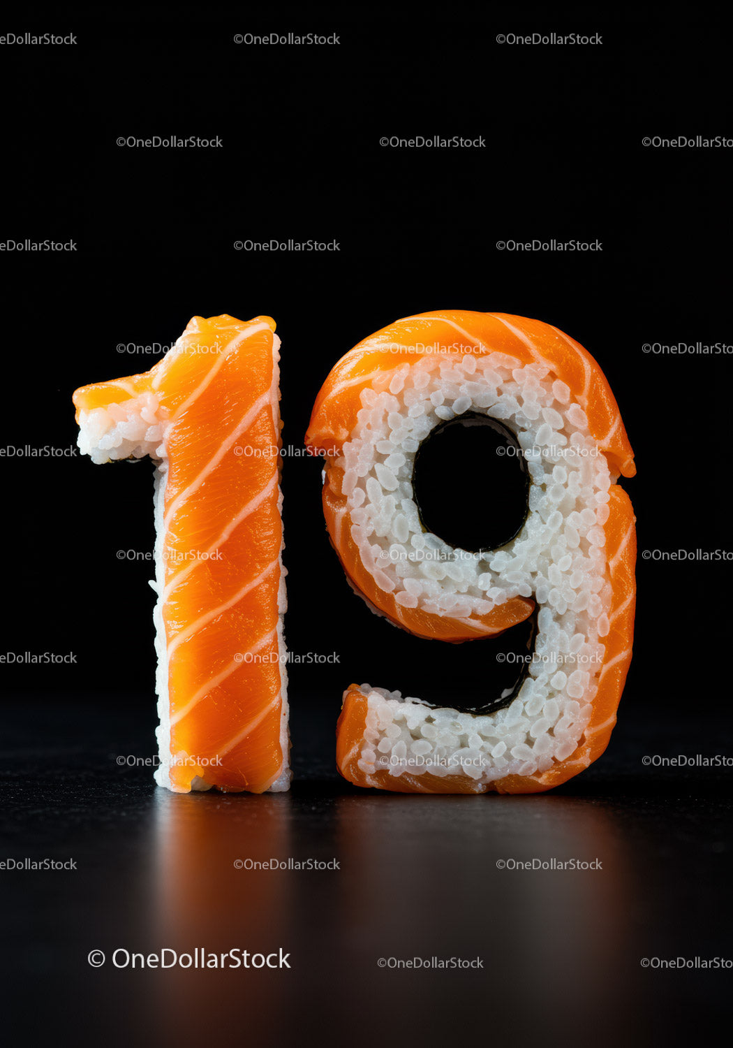 Creative sushi shaped as number nineteen on black