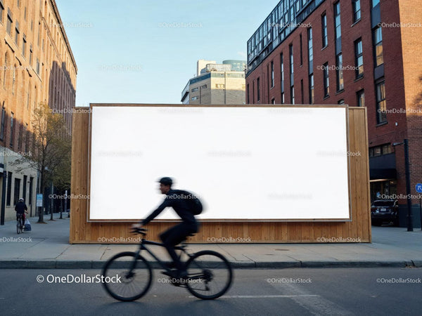 Cyclist Passing by Urban Blank Billboard JPG Mockup Image