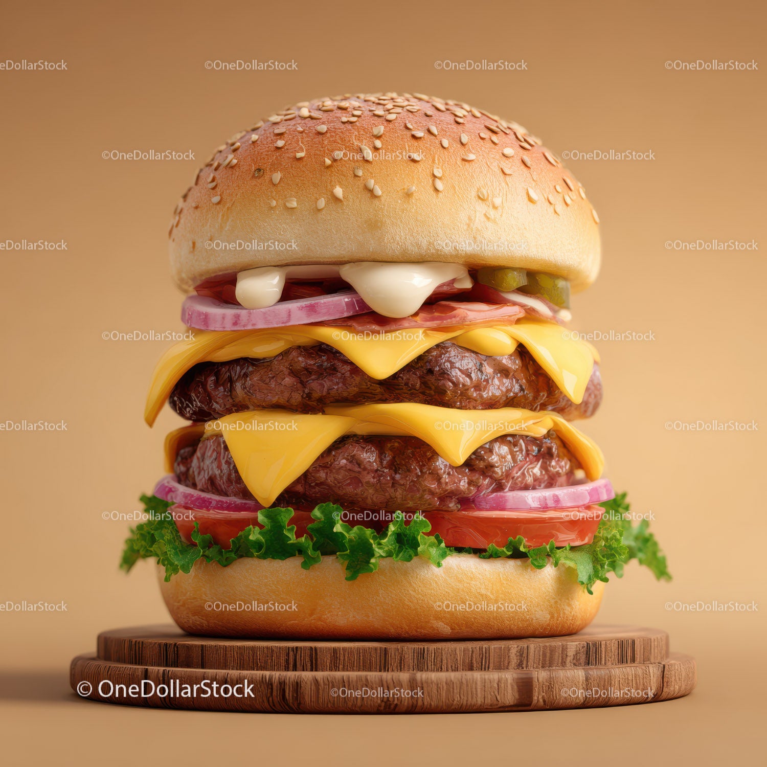 Stacked Cheeseburger With Lettuce Tomato Onion and Pickles