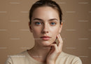 Portrait of a Young Woman with Clear Skin and Bright Blue Eyes