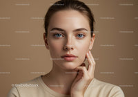 Portrait of a Young Woman with Clear Skin and Bright Blue Eyes