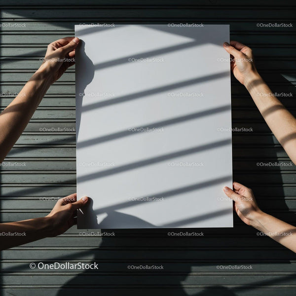 Hands Holding Blank Poster with Shadow Patterns JPG Mockup Image