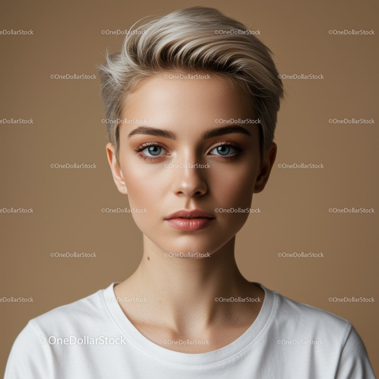 Elegancka młoda kobieta z krótką blond fryzurą i niebieskimi oczami