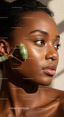 Close-Up of Beautiful African Woman with Jade Roller for Skincare