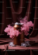 Cold Beverage Can Surrounded by Pink Smoke and Ice Cubes