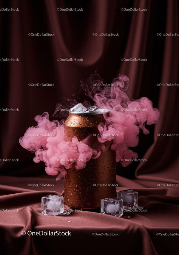 Cold Beverage Can Surrounded by Pink Smoke and Ice Cubes