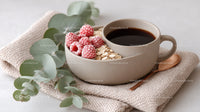 Cozy Breakfast with Oatmeal Raspberries and Coffee in Beige Bowl