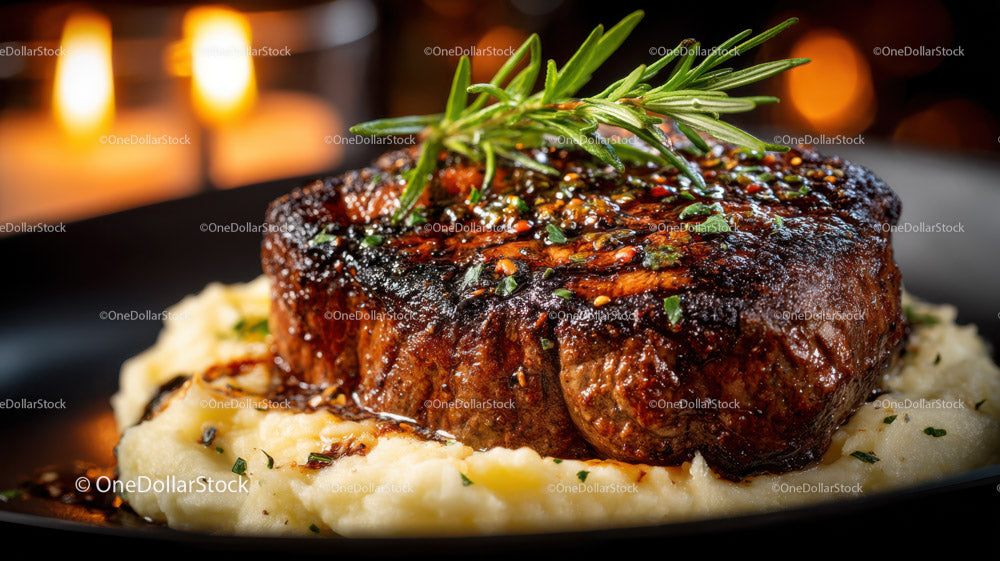 Gourmet Grilled Steak with Herb Garnish on Mashed Potatoes