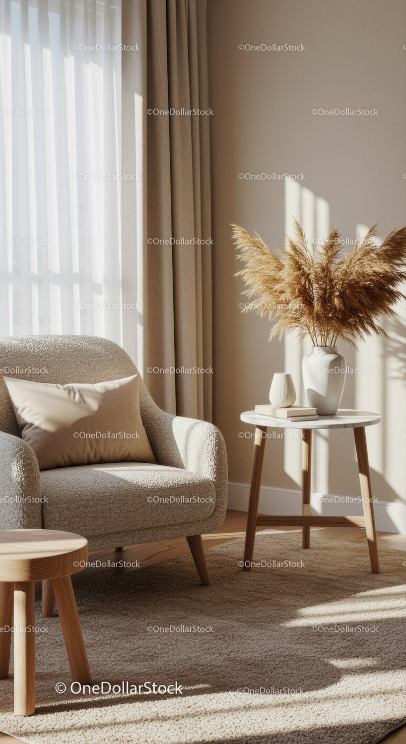 Cozy armchair and modern side table with pampas grass