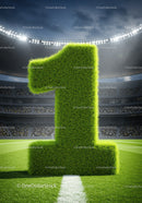 Giant Grass Number One on Soccer Field with Stadium Lights