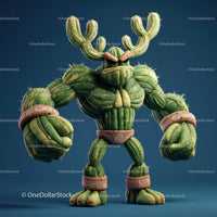 Vibrant Green Anthropomorphic Cactus Character with Muscular Build