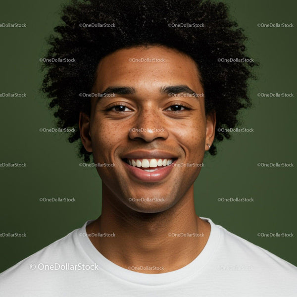 Close-Up of Smiling African American Man with Curly Hair on Green Background