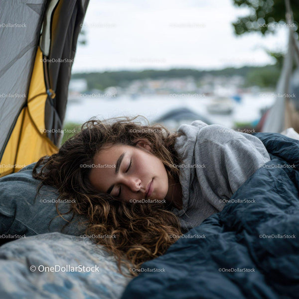 Peaceful Woman Sleeping in Camping Tent by the Waterfront