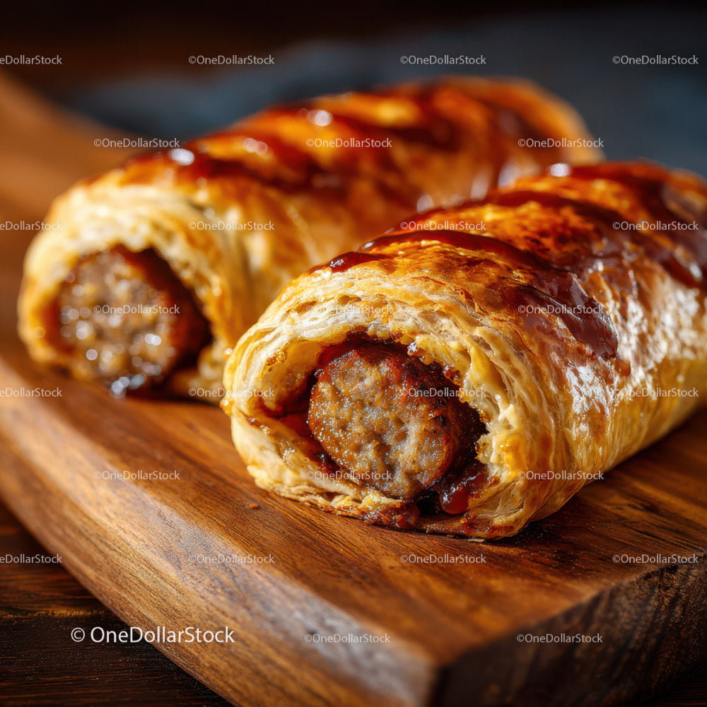 Pork Sausage Rolls on Wooden Serving Board with Glazed Crispy Pastry