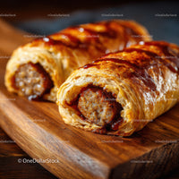 Pork Sausage Rolls on Wooden Serving Board with Glazed Crispy Pastry
