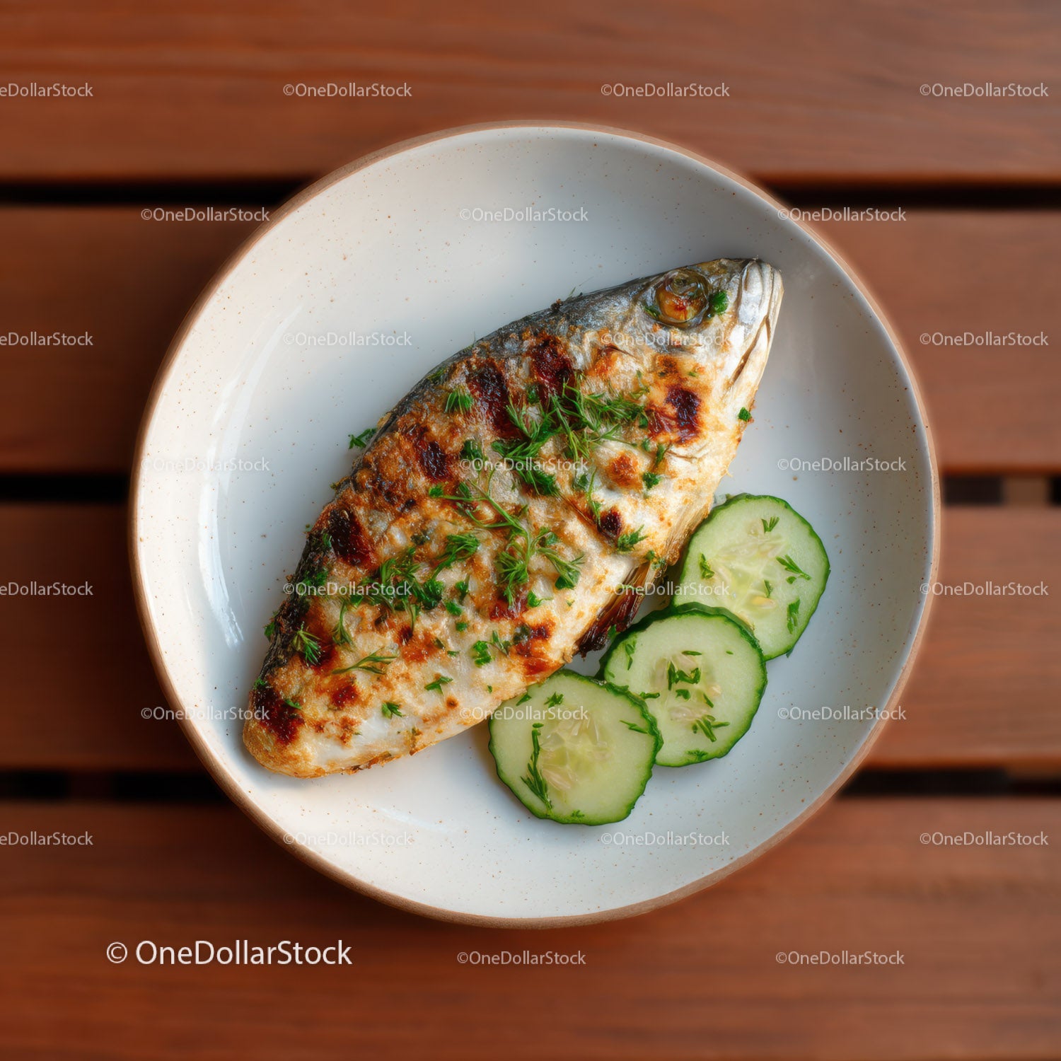 Fresh Grilled Fish with Cucumber Slices on White Plate