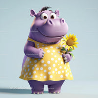Cute Cartoon Hippo Holding Sunflower in Yellow Dress for Kids Illustration