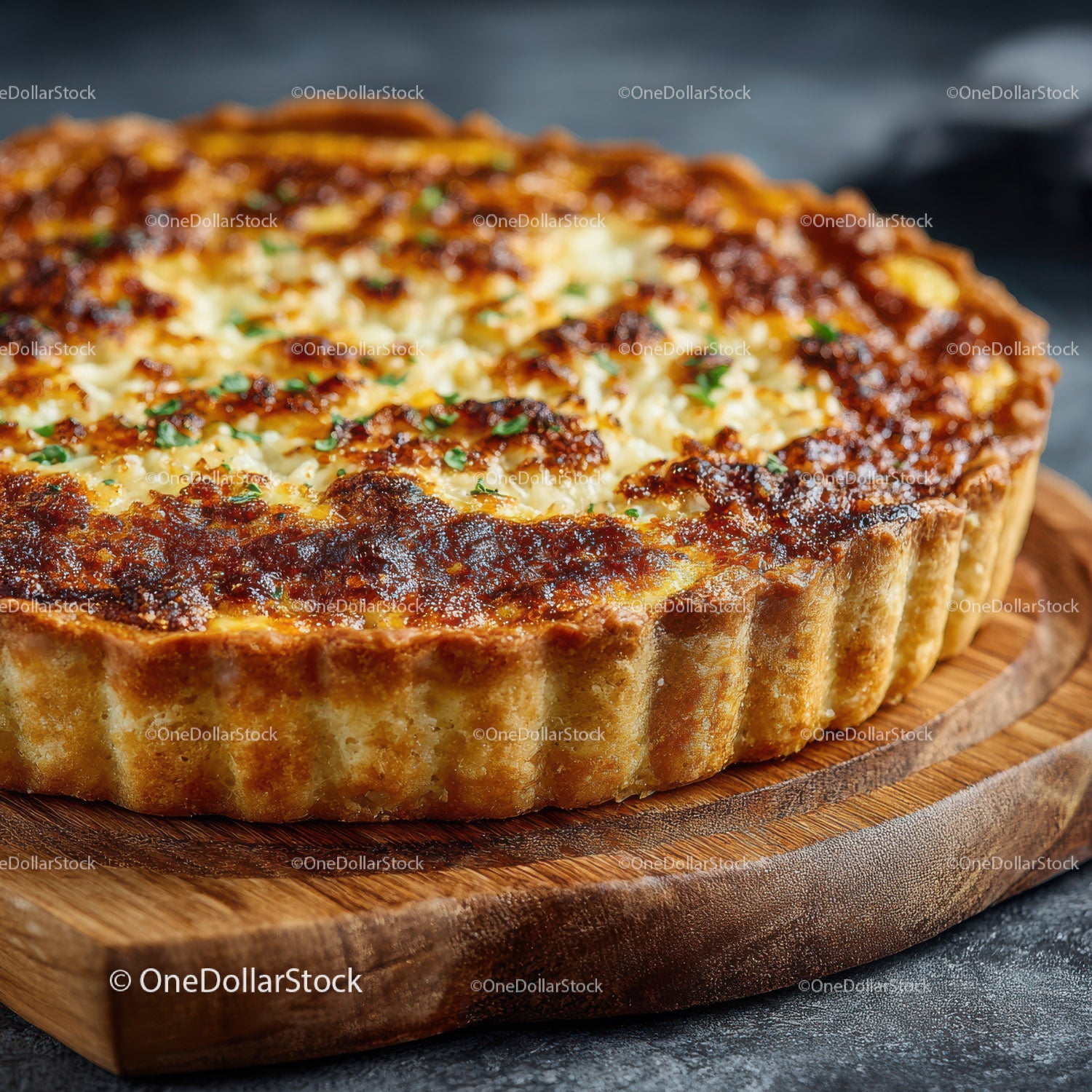 Seafood Shrimp Quiche with Fresh Herbs on Rustic Wooden Table