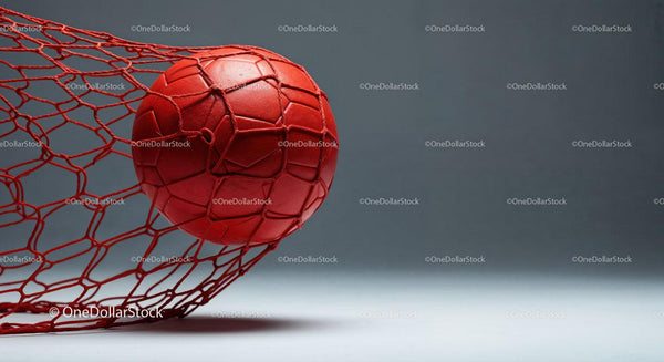 Red Soccer Ball in Goal Net on Gray Background