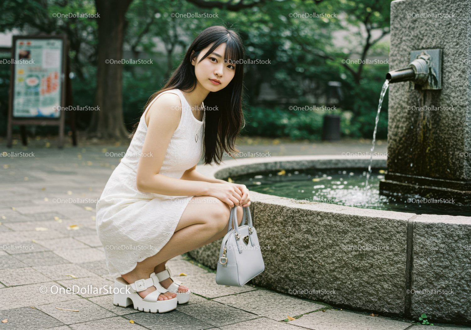 Young Woman in White Dress Relaxing by Water Fountain in Park