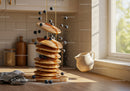 Stack of fluffy pancakes with syrup and fresh blueberries