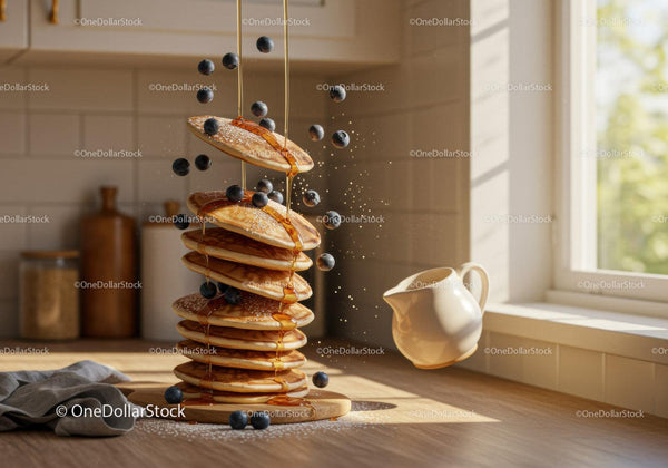 Stack of fluffy pancakes with syrup and fresh blueberries