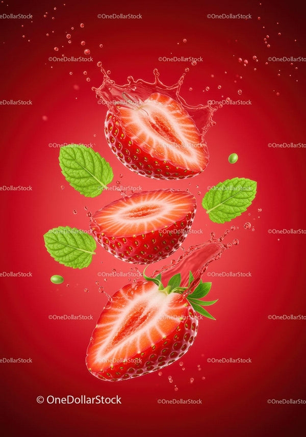 Fresh strawberry halves splashing in liquid with mint leaves