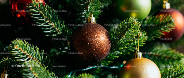 Close-up of glittery Christmas baubles on pine tree