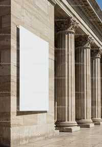 Blank White Poster on Classical Stone Building Columns