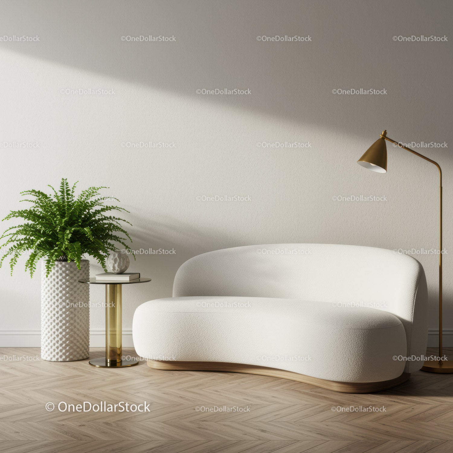Minimalist living room with modern white sofa and green plant