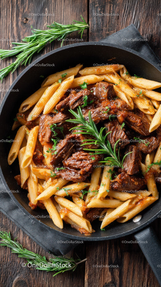 Hearty Beef and Cherry Tomato Pasta in Rustic Skillet