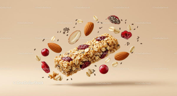 Healthy granola bar with nuts and berries flying