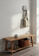Modern Scandinavian Style Entryway with Wooden Bench and Beige Tote Bag