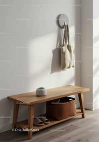 Modern Scandinavian Style Entryway with Wooden Bench and Beige Tote Bag