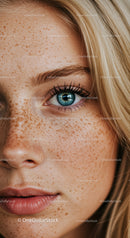 Close-up of freckled woman with blue eye and blonde hair