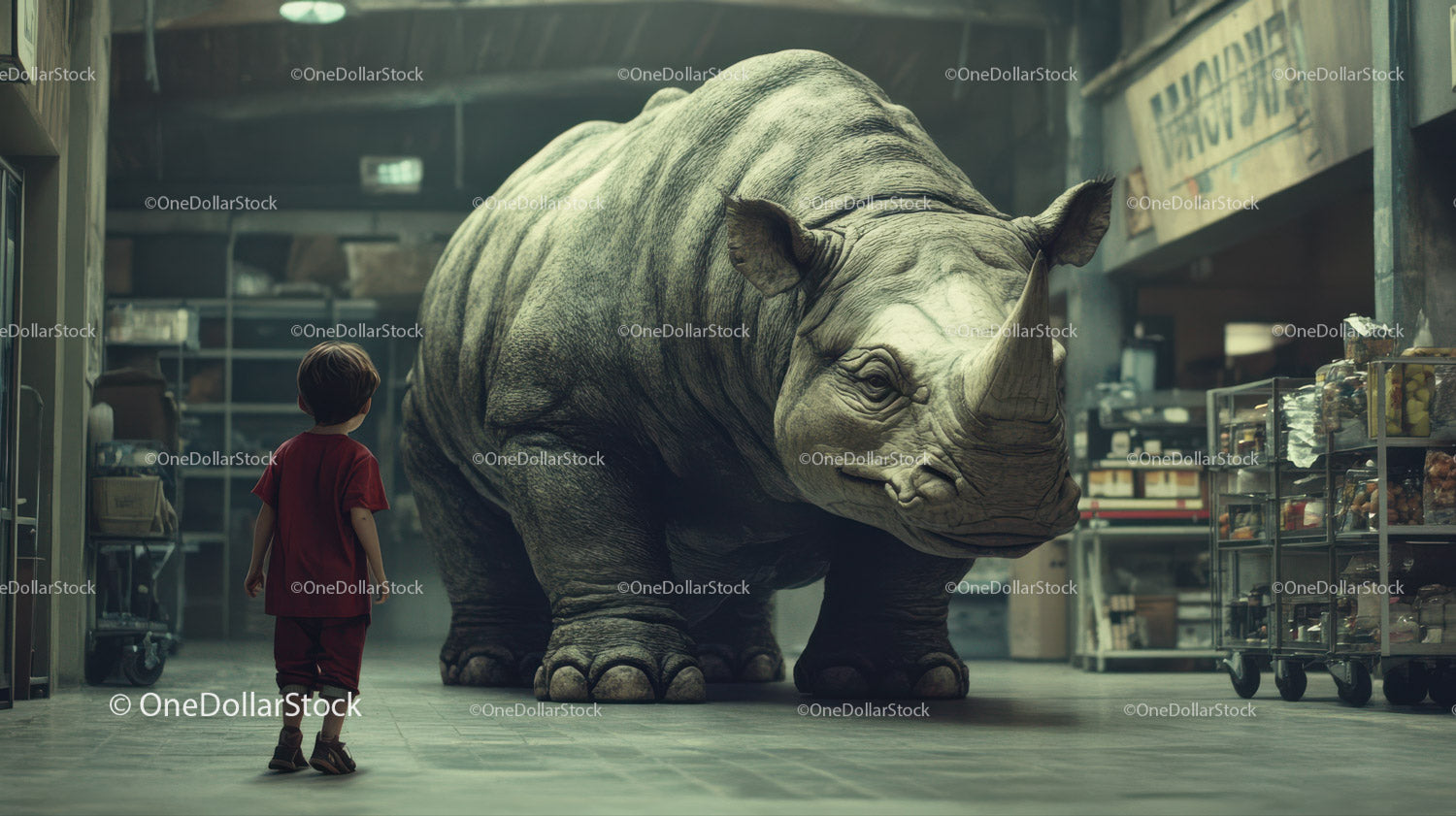 Large Realistic Rhinoceros Toy in Retail Store with Curious Child