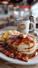 Stack of Fluffy Pancakes with Syrup Bacon and Coffee