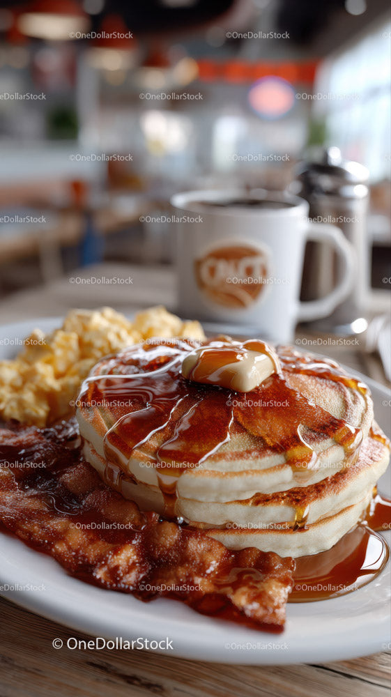 Stack of Fluffy Pancakes with Syrup Bacon and Coffee
