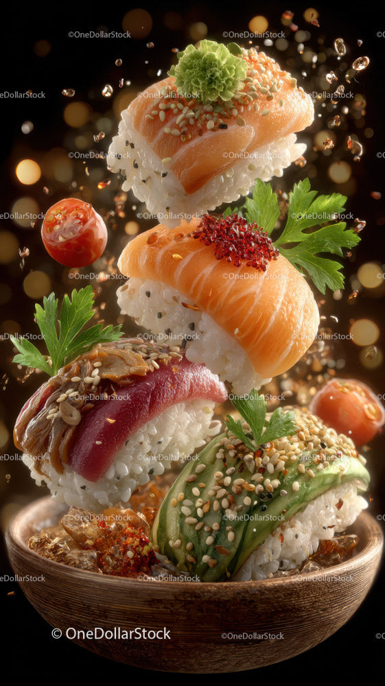 Colorful Sushi Platter with Salmon Tuna Eel and Vegetables