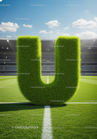 Large grass letter U on a sunny football field