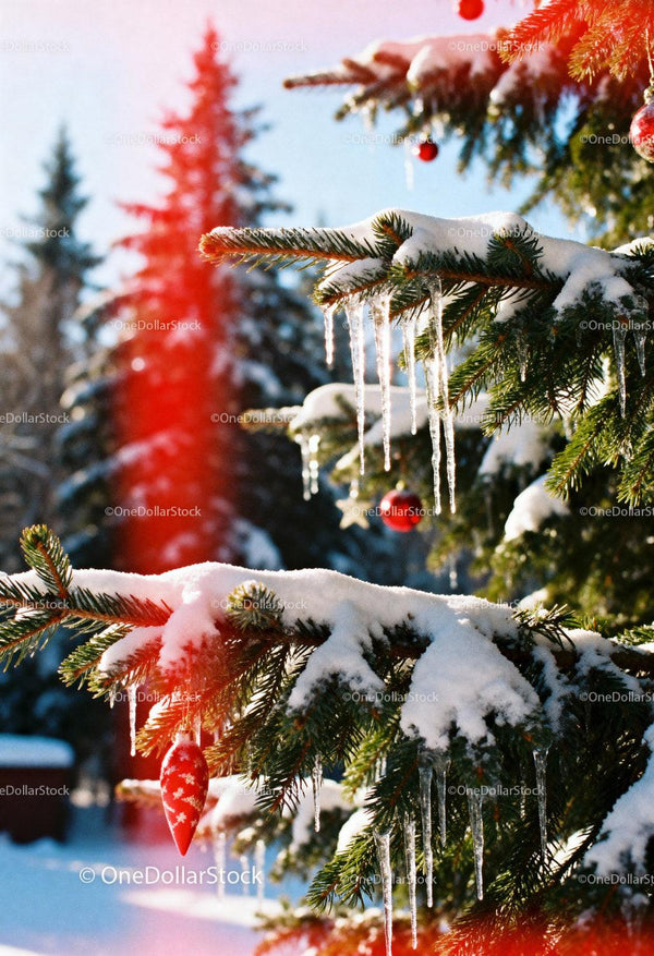 Snowy pine branches with Christmas ornaments and icicles