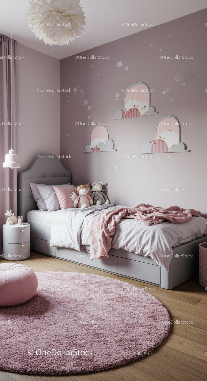 Cute Kid's Bedroom with Pink Decor and Cloud Wall Art