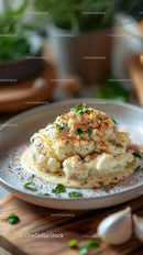 Creamy Cauliflower Mash with Herbs on White Plate in Rustic Kitchen