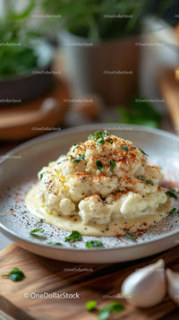 Creamy Cauliflower Mash with Herbs on White Plate in Rustic Kitchen