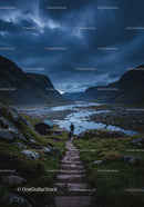 Two hikers walking on stone path by mountain river