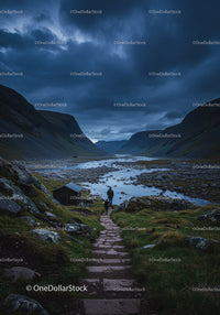 Two hikers walking on stone path by mountain river