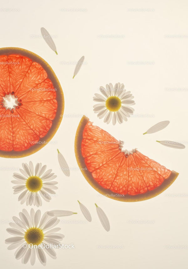 Fresh grapefruit slices with chamomile flowers on white