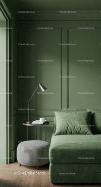 Elegant Green Wall with Cozy Sofa and Modern Decor in Living Room